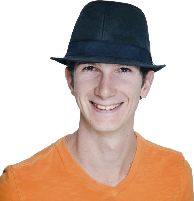 Headshot of Aidan Garza wearing an orange shirt and black fedora